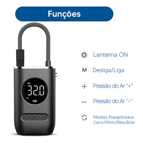 Calibrador Compressor Bomba De Ar Portátil Digital Encher Pneu Carro Moto Bike Bicicleta Bola Piscina Inflável Lumi RFe:34506 - Imagem 3